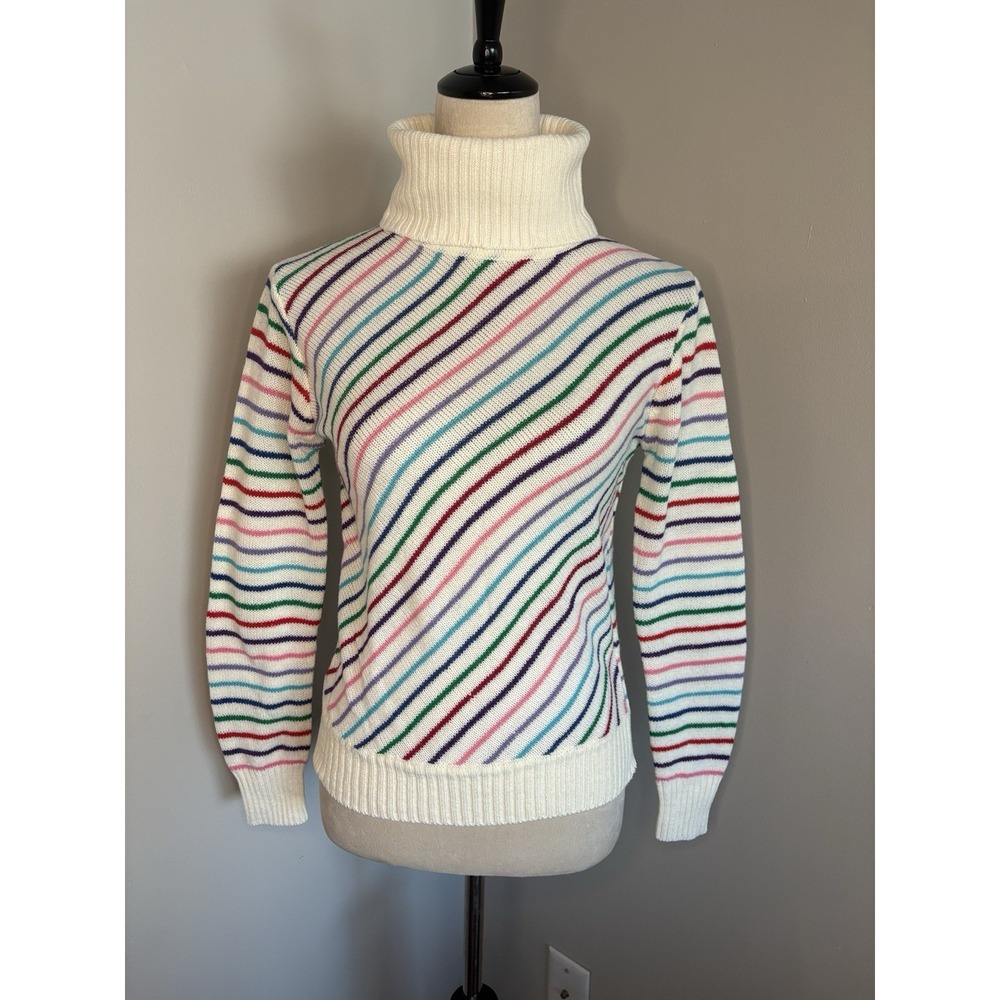 Vintage Collage 70s 80s Rainbow Diagonal Striped White Turtleneck Sweater Small